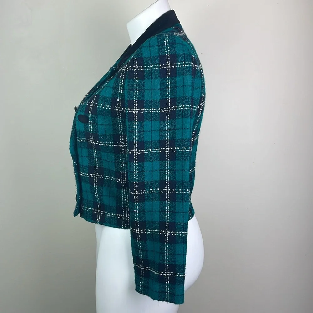 Positive Attitude Vintage Tweed Blazer Velvet Collar Teal Green Plaid